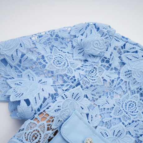 Margherita Mini Dress Blue Floral Appliqu Ruffled & Belted
