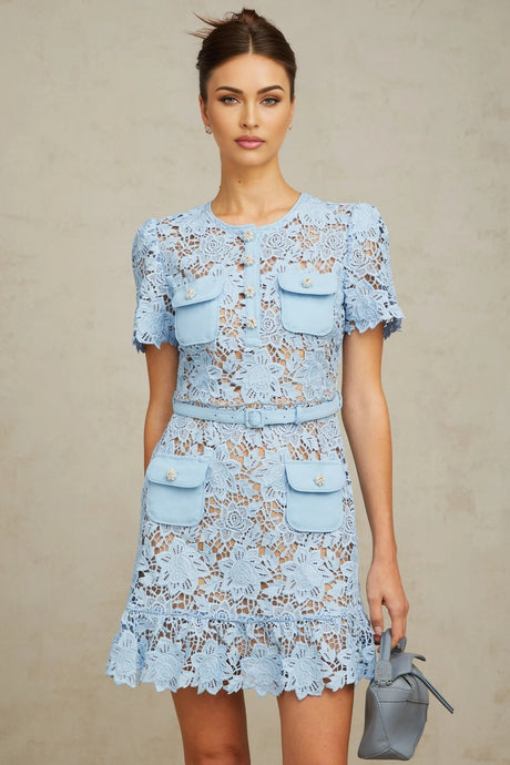 Margherita Mini Dress Blue Floral Appliqu Ruffled & Belted
