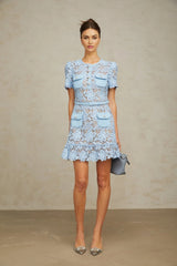 Margherita Mini Dress Blue Floral Appliqu Ruffled & Belted