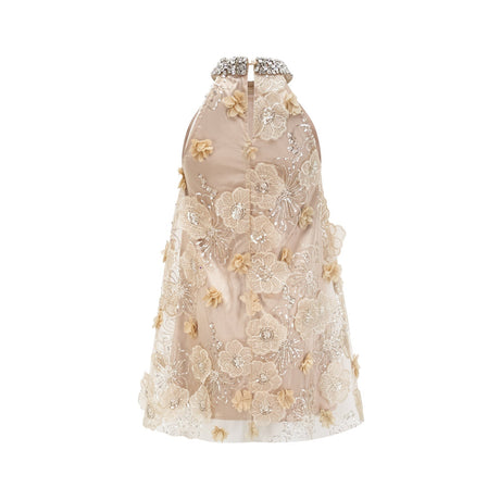 Margherita Mini Dress with Floral Appliqué and Crystal Embellishment