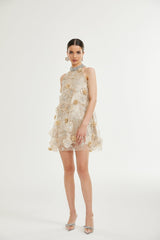 Margherita Mini Dress with Floral Appliqué and Crystal Embellishment