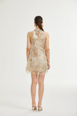 Margherita Mini Dress with Floral Appliqué and Crystal Embellishment