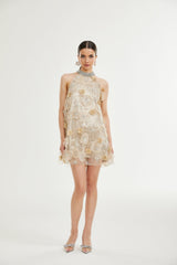 Margherita Mini Dress with Floral Appliqué and Crystal Embellishment