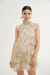 Margherita Mini Dress with Floral Appliqué and Crystal Embellishment