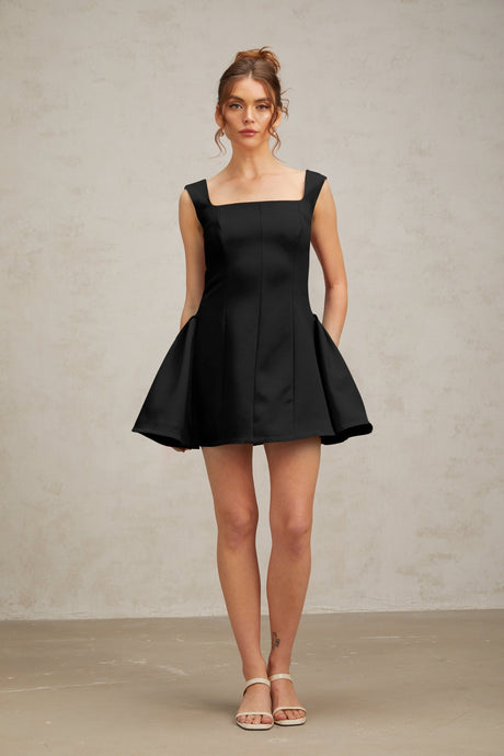 Margherita squareneck puff mini dress in Black