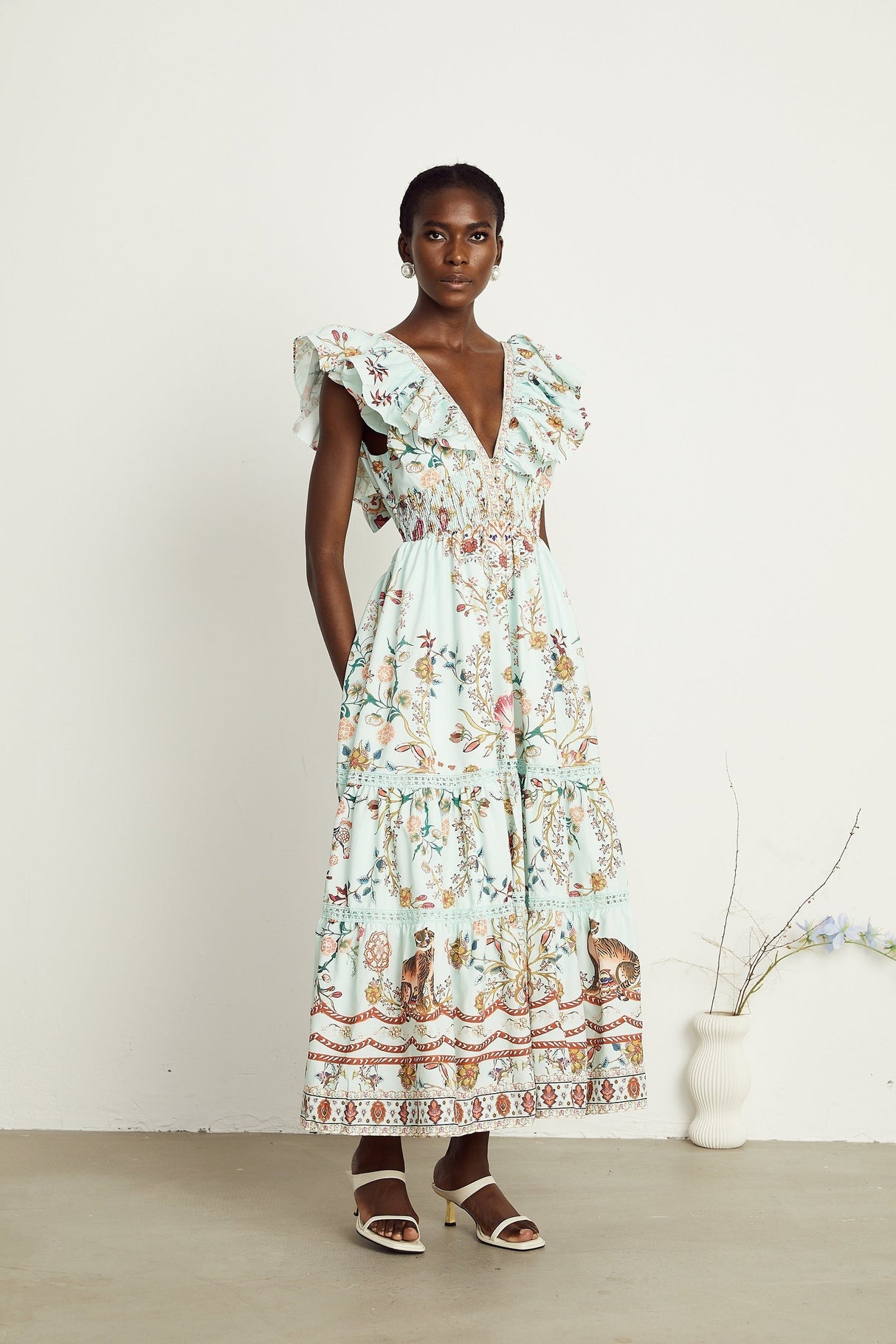Margot ruffle floralprint sleeveless maxi dress