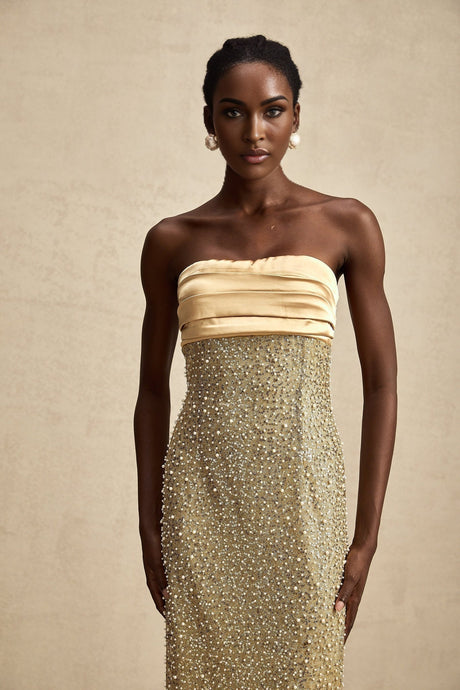 Marguerite Gold Strapless Maxi Dress With Faux Pearls and Sequin Detailing