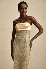 Marguerite Gold Strapless Maxi Dress With Faux Pearls and Sequin Detailing