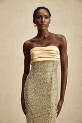Marguerite Gold Strapless Maxi Dress With Faux Pearls and Sequin Detailing