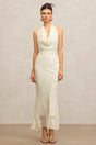 Maria Cream Floral Draped Sleeveless Dress for Special Occasions