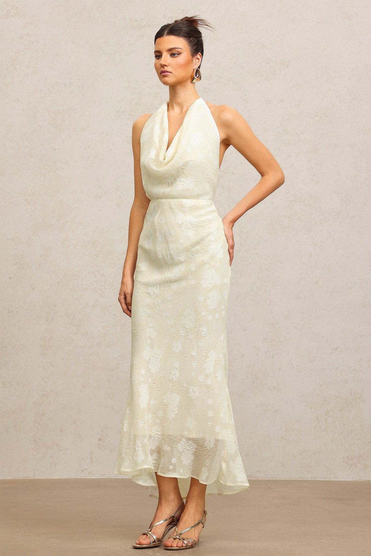 Maria Cream Floral Draped Sleeveless Dress for Special Occasions