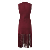 Maria Dress - Sleeveless Silhouette - Textured Fabric With Fringe Hem - Slim Fit - Fringe Waist Detailing