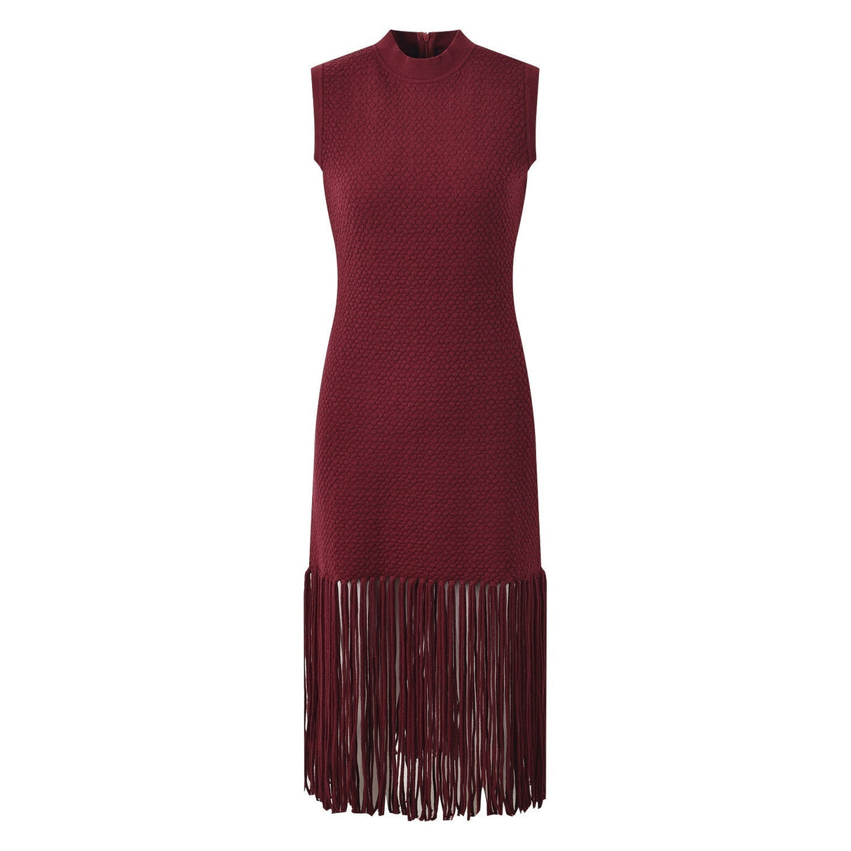 Maria Dress - Sleeveless Silhouette - Textured Fabric With Fringe Hem - Slim Fit - Fringe Waist Detailing