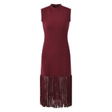 Maria Dress - Sleeveless Silhouette - Textured Fabric With Fringe Hem - Slim Fit - Fringe Waist Detailing