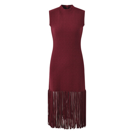 Maria Dress - Sleeveless Silhouette - Textured Fabric With Fringe Hem - Slim Fit - Fringe Waist Detailing