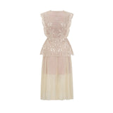 Maria Midi Dress Floral - Lace Paneling Peplum Waist Tulle Neutrals