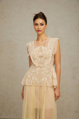 Maria Midi Dress Floral - Lace Paneling Peplum Waist Tulle Neutrals
