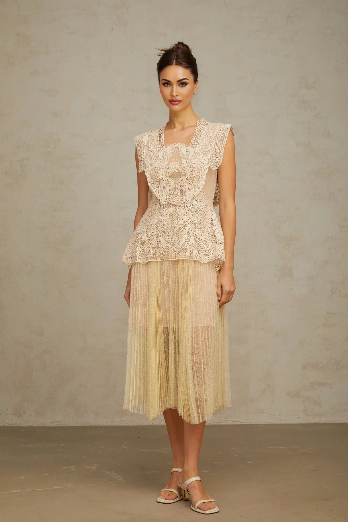 Maria Midi Dress Floral - Lace Paneling Peplum Waist Tulle Neutrals