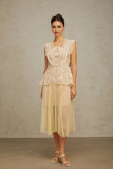 Maria Midi Dress Floral - Lace Paneling Peplum Waist Tulle Neutrals