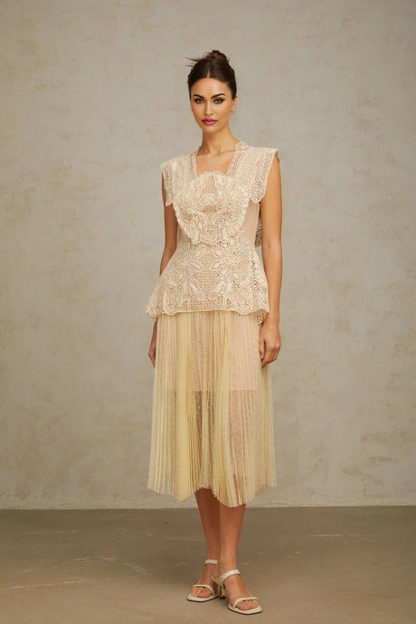 Maria Midi Dress Floral - Lace Paneling Peplum Waist Tulle Neutrals