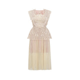 Maria Midi Dress Floral - Lace Paneling Peplum Waist Tulle Neutrals