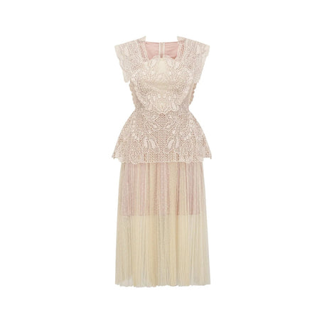 Maria Midi Dress Floral - Lace Paneling Peplum Waist Tulle Neutrals