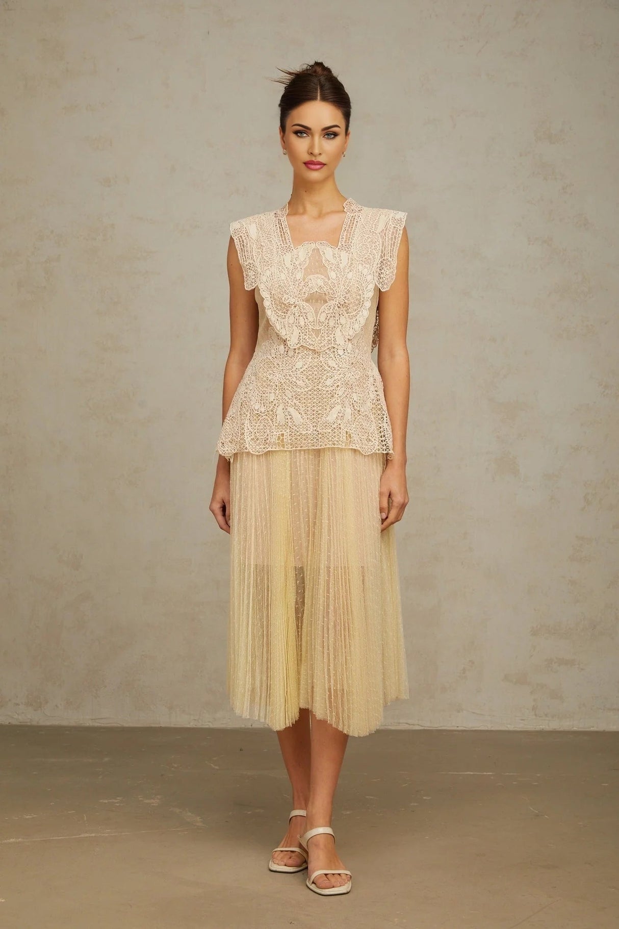 Maria Midi Dress Floral - Lace Paneling Peplum Waist Tulle Neutrals