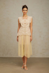 Maria Midi Dress Floral - Lace Paneling Peplum Waist Tulle Neutrals