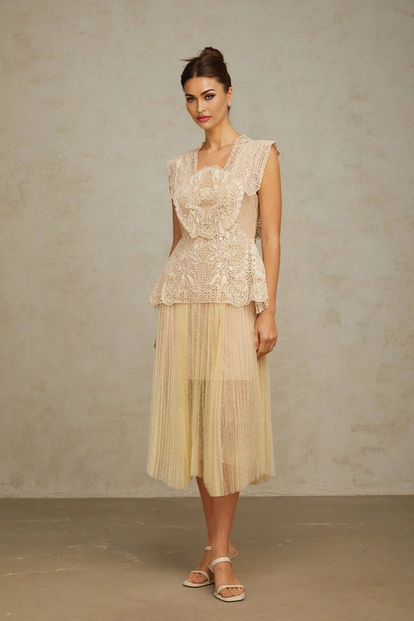 Maria Midi Dress Floral - Lace Paneling Peplum Waist Tulle Neutrals