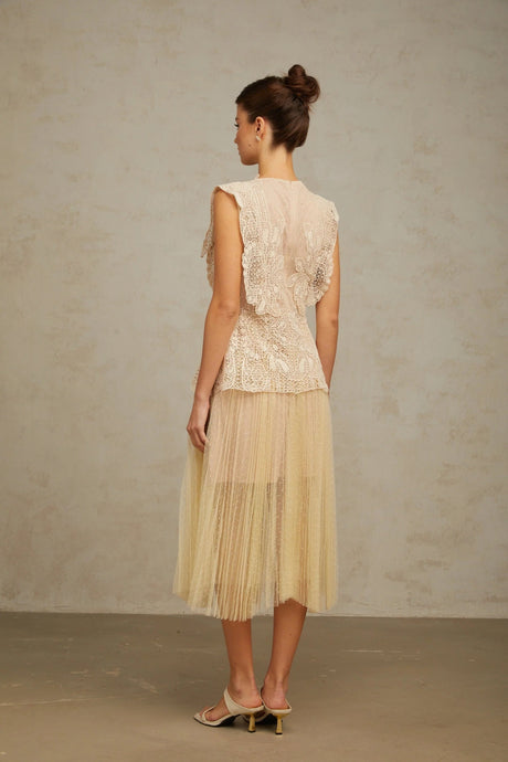 Maria Midi Dress Floral - Lace Paneling Peplum Waist Tulle Neutrals