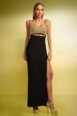 Mariachiara Black Maxi Dress with High Slit and Textured Embellishments