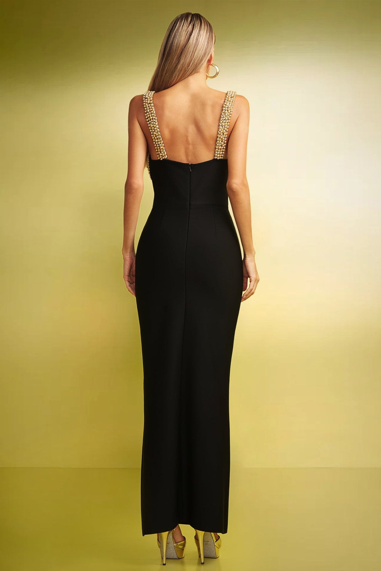 Mariachiara Black Maxi Dress with High Slit and Textured Embellishments