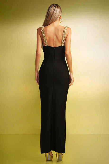 Mariachiara Black Maxi Dress with High Slit and Textured Embellishments