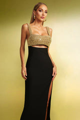 Mariachiara Black Maxi Dress with High Slit and Textured Embellishments