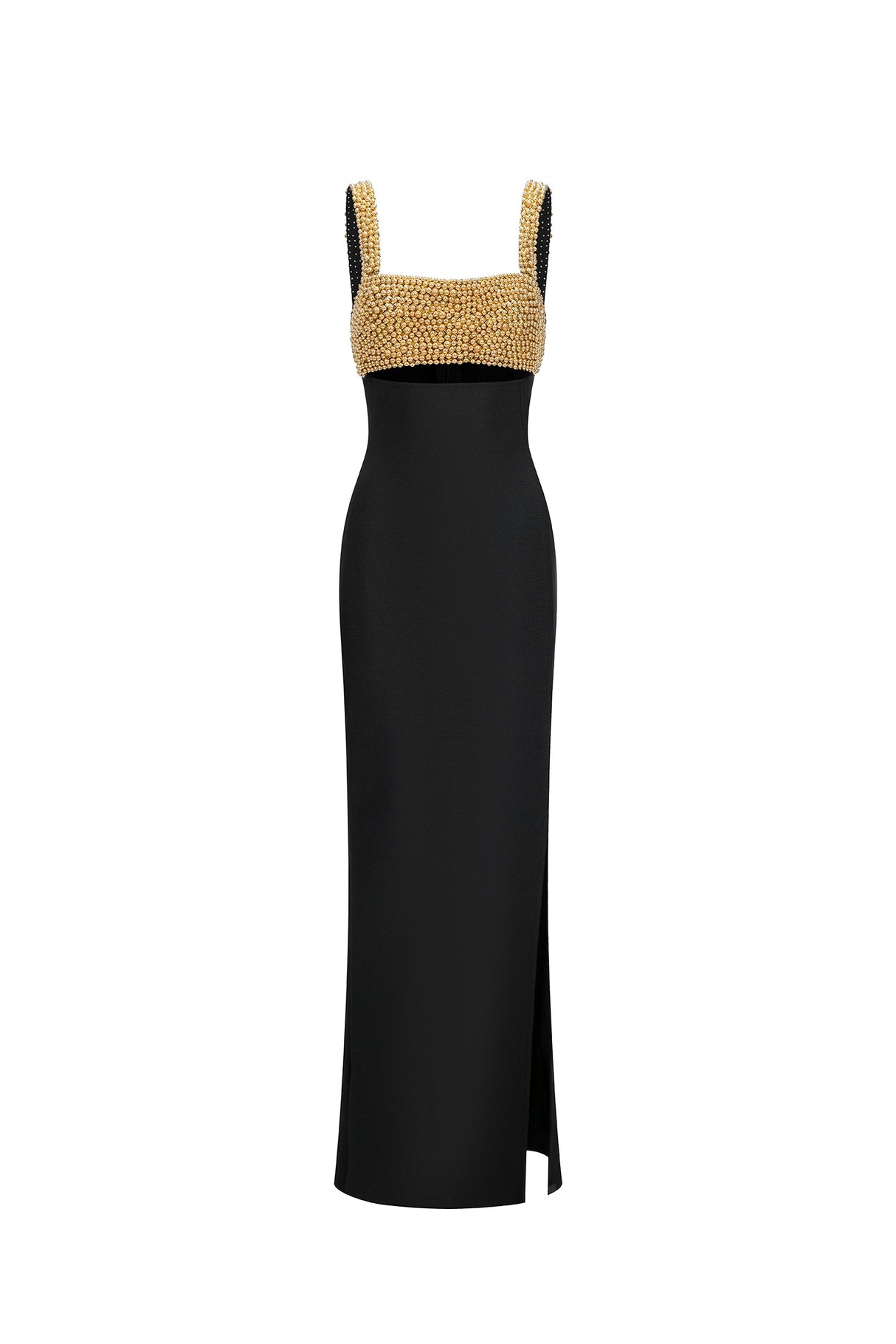 Mariachiara Black Maxi Dress with High Slit and Textured Embellishments