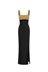Mariachiara Black Maxi Dress with High Slit and Textured Embellishments