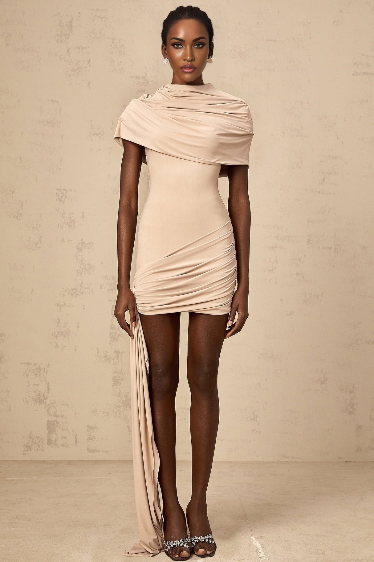 Mariachiara Mini Dress with Mock Neck and Ribbon Design