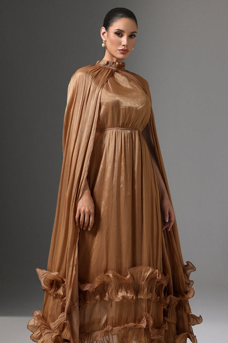 Mariah Brown High Neck Cape Detail Pleated Ruffled Hem Evening Dress