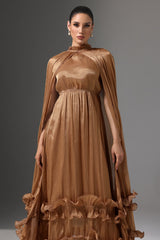 Mariah Brown High Neck Cape Detail Pleated Ruffled Hem Evening Dress