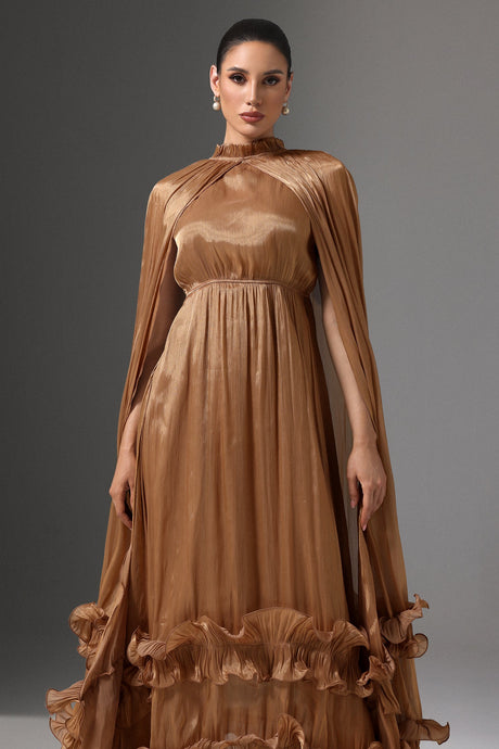 Mariah Brown High Neck Cape Detail Pleated Ruffled Hem Evening Dress
