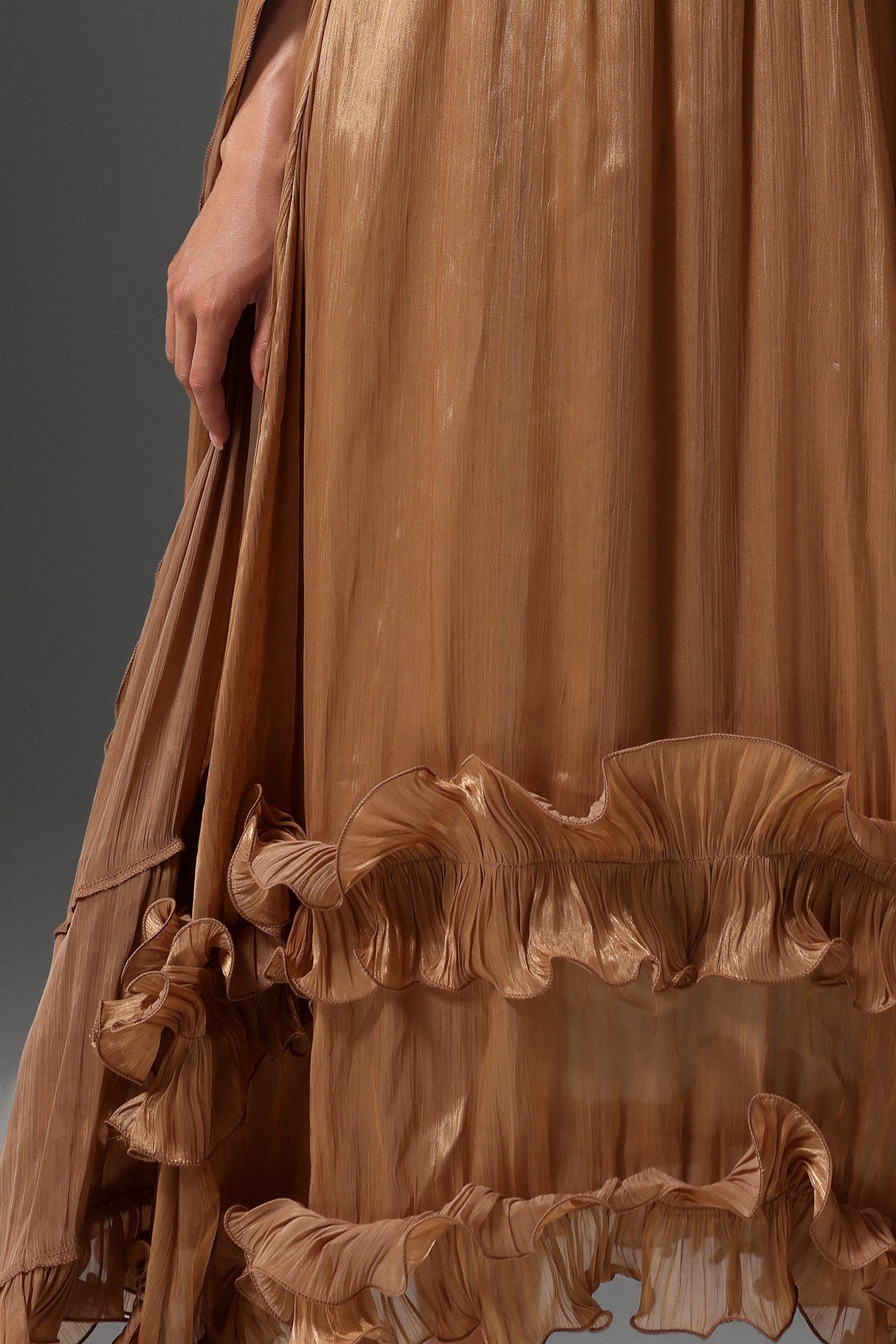 Mariah Brown High Neck Cape Detail Pleated Ruffled Hem Evening Dress