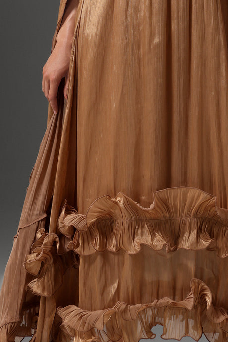 Mariah Brown High Neck Cape Detail Pleated Ruffled Hem Evening Dress