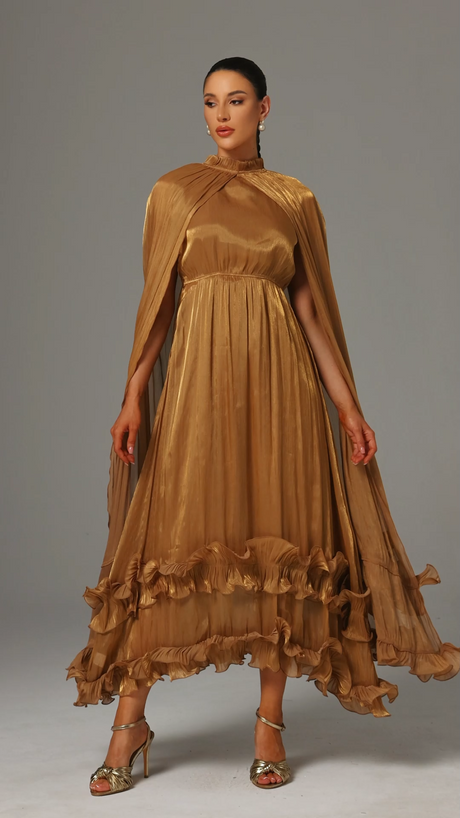 Mariah Brown High Neck Cape Detail Pleated Ruffled Hem Evening Dress