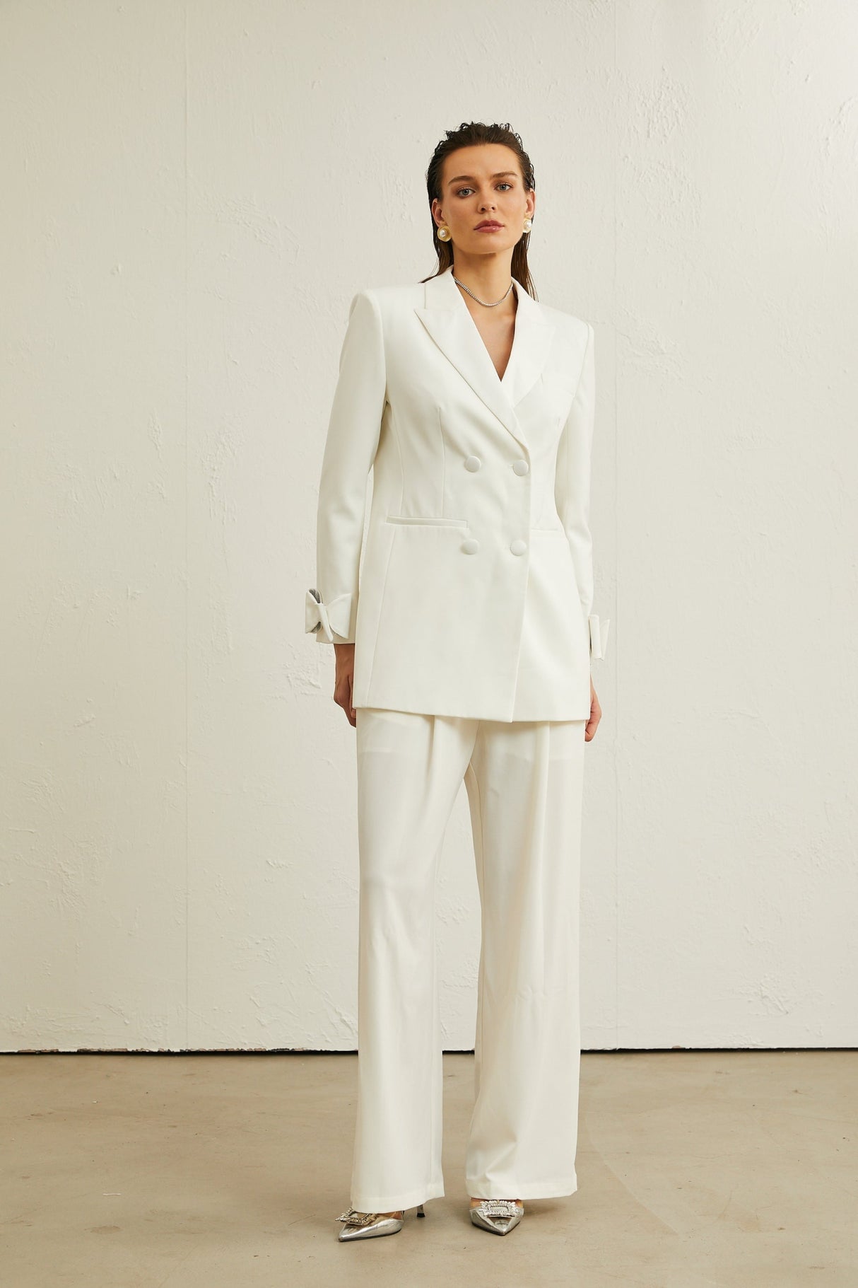 Mariah Jacket Mariah Wool Bow Embellished White & Crystal Coat