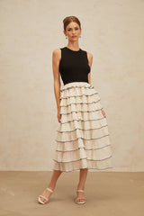 Mariah Midi Dress - Sleeveless - Round Neck - Contrast Colors - Ribbed Knit - Tulle Panelling