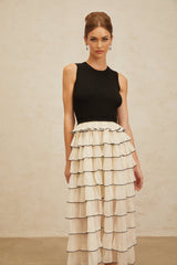 Mariah Midi Dress - Sleeveless - Round Neck - Contrast Colors - Ribbed Knit - Tulle Panelling