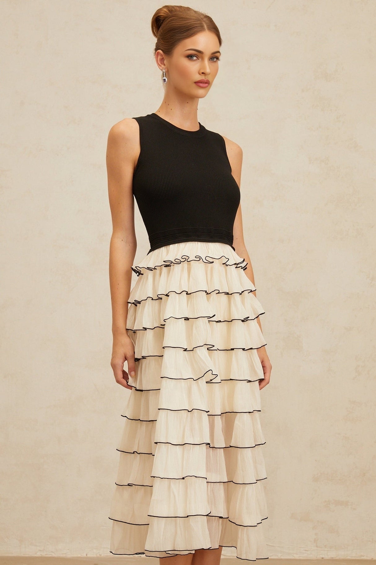 Mariah Midi Dress - Sleeveless - Round Neck - Contrast Colors - Ribbed Knit - Tulle Panelling