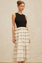 Mariah Midi Dress - Sleeveless - Round Neck - Contrast Colors - Ribbed Knit - Tulle Panelling