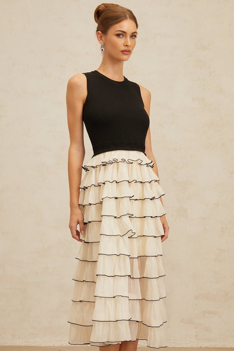 Mariah Midi Dress - Sleeveless - Round Neck - Contrast Colors - Ribbed Knit - Tulle Panelling