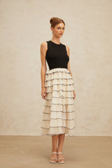 Mariah Midi Dress - Sleeveless - Round Neck - Contrast Colors - Ribbed Knit - Tulle Panelling